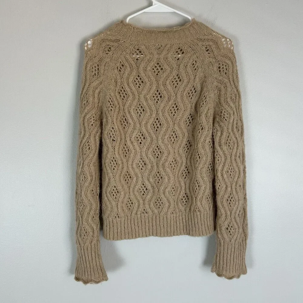 J.crew S Pointelle Sweater Alpaca Wool Camel Tan Scallop Fisherman Quiet Luxury